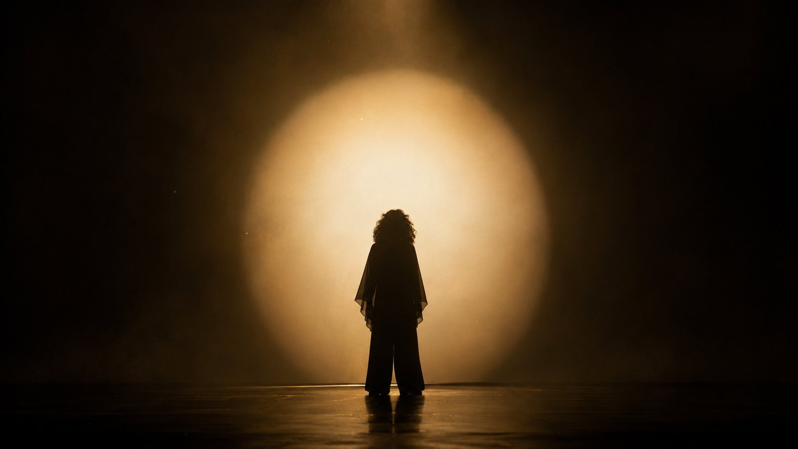 A silhouette standing in a round circle of light on a dark stage