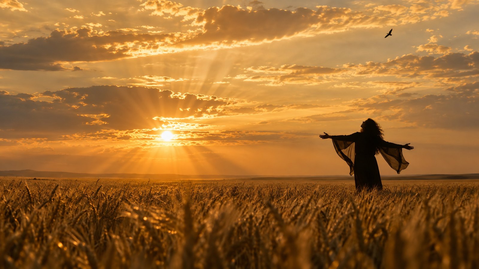 A silhouette with open arms in a golden wheat field under a big sky
