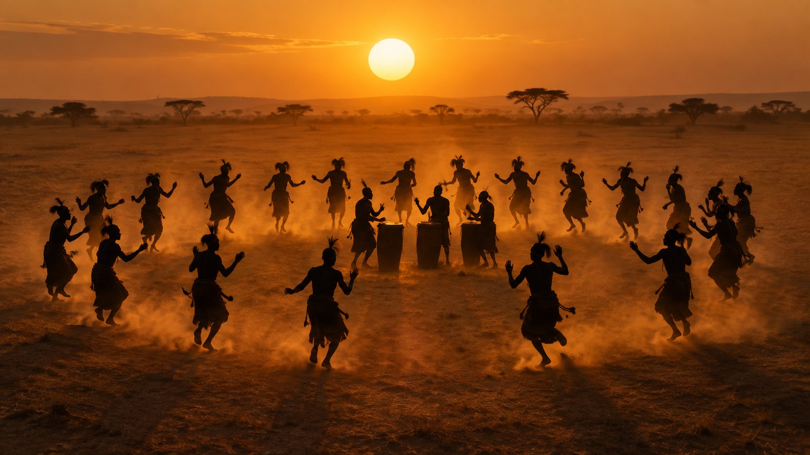 A ring of dancers in silhouette around drummers at sunset