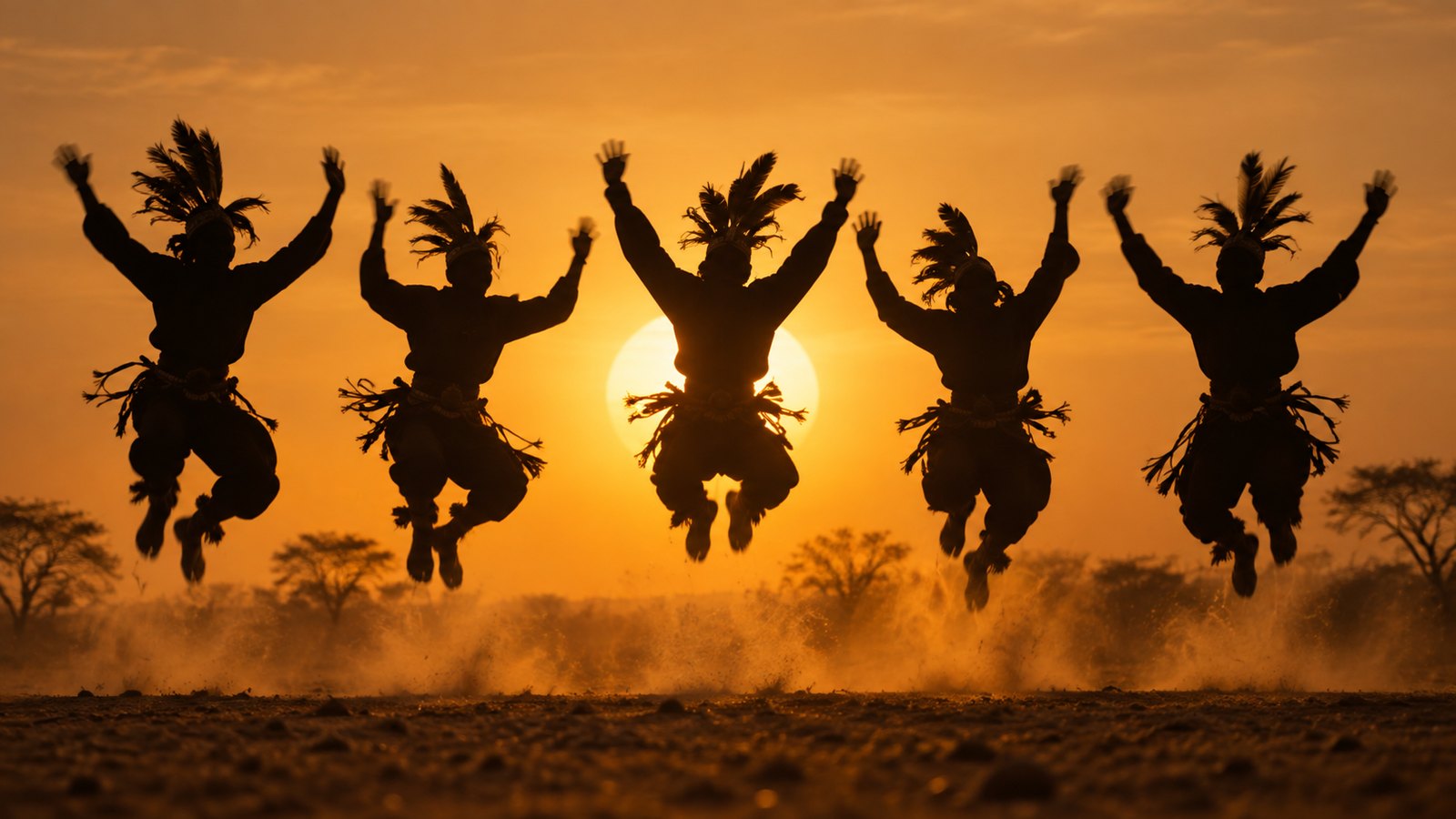 Five dancers in silhouette at the top of a jump