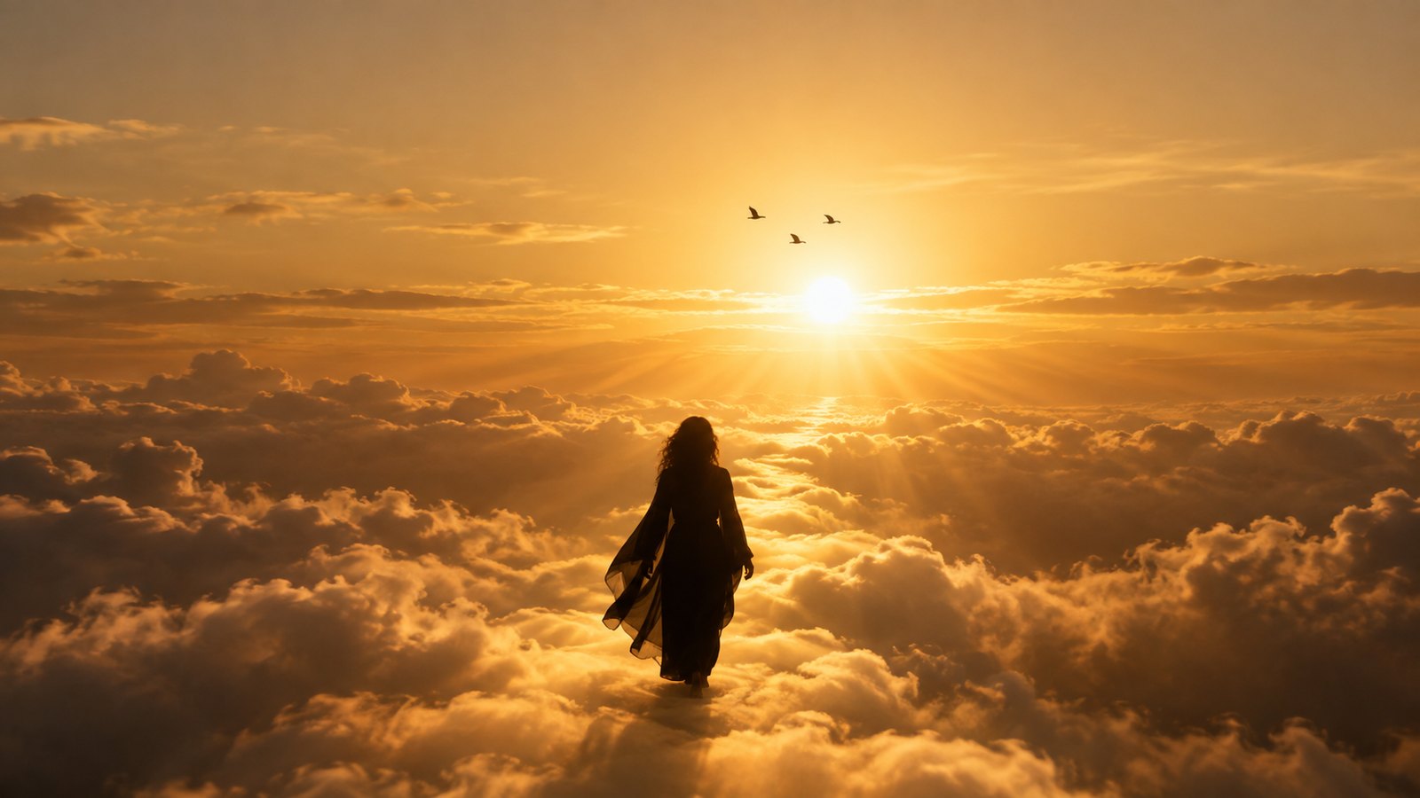 A silhouette walking on a path of light above the clouds